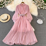 VAREY LIN New Spring Pleated Dress Women Elegant Stand Collar Solid Color Long Dress with Belt Lady Fashion Chiffon