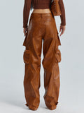 Toloer Cargo Pants Fall 2024 New Personality Splicing Loose PU Leather Pants Casual Wide-Leg Pants Women-Outfit