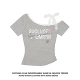 Oblique Shoulder Lace Sling Short-Sleeved Woman Design Small Sweet Short T-Shirt Girl Irregular