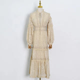 Vintage Cut Out Women's Dresses Stand Collar Long Sleeve High Waist Solid Maxi Dress Female 2021 Summer New