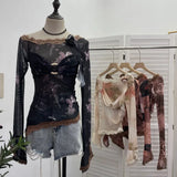 Shooting Lace Splicing Oblique Shoulder Thin Tie-Dye Mesh T-Shirt Girl T-Shirt T-Shirt Shawl T-Shirt