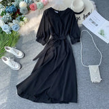 Vintage V Neck Autumn Midi Long Bandage Dress Party Vestido De Festa Evening Women Casual High Waist Elegant A-Line