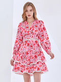 Print Pink Spring Dress For Women V Neck Long Sleeve High Waist Color Block Mini Dresses Female 2022 Fashion