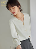 Han Queen New Arrival Autumn V-Neck Shirt Womens Blouses Vintage Work Casual Tops Chiffon Blouse Elegant Loose Shirts Female-Outfit