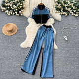 Suit Women's 2025 Summer Breeze 抽抽rop Cord Short Bumper Collar Top High-Waisted Cowboy Broad