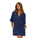 Toloer New Soft Denim Lapel Short Sleeve Loose Denim