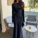Toloer Women's New French Elegant Solid Color Round Collar Closed Waist Long Sleeve Temperament Winter