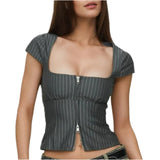 Striped Square Neck Short Sleeve Double Zipper Top-Outfit