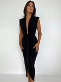 V Neck Sleeveless Ankle Length Party Dresses Women Slim Wrap Ankle Length Summer Dresses Women Elegant Skinny-Outfit