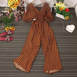 Jumpsuit Women Casual Elegant Polka Dot Puff Sleeve High Waist Chiffon Wide Leg Playsuit Female Rompers