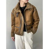 Women's Fuzzy Fur Lined Zipper Motorcycle Suede Jacket Striped Trim Autumn Winter 2022 Solid Vintage Short Loose Padded