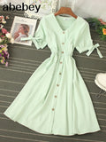 Single Breasted Women Vintage Dress Summer Short Puff Sleeve A-line Vestidos Casual Sexy V-neck Purple/White Dresses