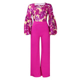 Large-Size Women's New Fashion Print Strapped With Broad Leg Pants Two-Set