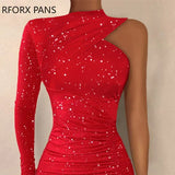 Women Glitter Glamorous One Shoulder Asymmetrical High Silt Bodycon Midi Sexy Formal Party Red Dress-Outfit