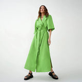 Elegant Lace Up Robe Dress Summer Wrap Long Dresses Women Casual Loose Half Sleeve Cotton Linen Office Blazers