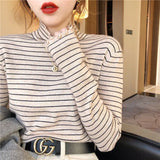 Toloer Half High Collar Striped Long Sleeve T-Shirt Bottom Shirt Women's New Autumn Ins Slim Wood Ear Inside The
