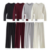 Double-Sided Cloth Body Round-Neck Long-Sleeved Head-Dressed Tight High-Waisted Straight Trousers Casual Suit