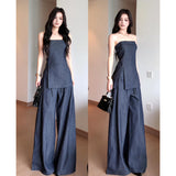 Summer New Korean Wearing A Forked Corset Loose Broad Leg Pants Denim