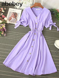 Single Breasted Women Vintage Dress Summer Short Puff Sleeve A-line Vestidos Casual Sexy V-neck Purple/White Dresses