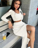 Spring Pure Color Long-Sleeved Fashion Sexy Split Long Skirt Two-piece