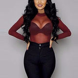Toloer Elastic Tight Perspective Ultra Thin Sexy Mesh Bottom Shirt Transparent Long Sleeved T-Shirt Woman-Outfit
