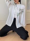Toloer New Chinese Style Retro Oil Painting Bamboo Printing Sweet Silk Satin Long-Sleeved Versatile Shirt For Men And