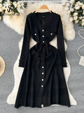Sexy Sheath Winter Knitted Dress French Style V Neck Tie Single Breasted Long Dress Female A-Line Party Sweater