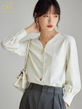Han Queen New Arrival Autumn V-Neck Shirt Womens Blouses Vintage Work Casual Tops Chiffon Blouse Elegant Loose Shirts Female-Outfit