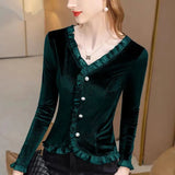 Womens T-shirt Spring Summer V-Neck Long Sleeve Solid Color Button Fashion Casual Tees Stylish Blouses Elegant Tops-Outfit