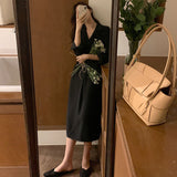Chic Minimalist Versatile Lapel Single Breasted On Band Waist Lower Slit Shirt Dress Woman-Outfit