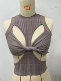 Toloer Sexy Irregular Sleeveless Hollow Kink Wool Woven Vest Women's Fashion Half High Collar Solid Color Crop-Outfit