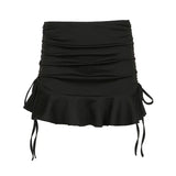 Spice Girls Sexy Rope Pleated Low-Waist Strapped Skirt Simple Solid Color Lotus Leaf Edge A Short Skirt-Outfit