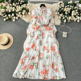 Women's Autumn Dress 2025 New Heavy Industry Pressed Long Printed Chiffon Dress Sweet Holiday