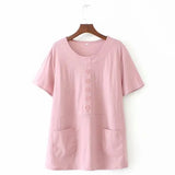 Women's Clothing Oversized Solid Cotton Short Sleeve Round Neck Pocket Button Casual Home Loose Belly Tshirt Tops-Outfit
