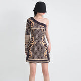 Toloer Spring Wear New Printing Heavy Industry Nail Bead Single Shoulder A Line Skirt Retro Style Small Long-Sleeved Dress-Outfit