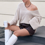 And Winter Loose Street Open Fork V-Neck Sweater Women's Horn Sleeve Coarse Knitted Languid Retro Tide