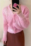 Autumn / Winter New Sweet Dopamine V-Neck Cardigan Girl's Short Graded Plush Blouse-Outfit