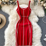 Women Knitted Strap Dress Korean Sleeveless Slim Pencil Dresses V Neck Sexy Off Shoulder Bodycon Short
