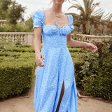 Toloer Women's New Floral Square Collar Sexy Slit Big Swing Autumn And Winter Dress