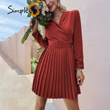 Simplee Elegant v-neck A-line pleated midi dress women green Office long sleeve belt blazer dresses Casual female vestidos