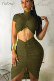 Green Yellow Sexy Two Piece Set Women Turtleneck Short Sleeve Crop Top+ Pleated Bodycon Dress Tracksuit 2 Piece Club