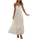 Long Dress Aesthetic Women Solid Color Tie-Up Halter Neck Sleeveless Backless Halter Dress Summer Casual Beach Party