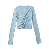 Fashion Women's Fashion Spring New Sexy Spice Girl Slim And Thin T-Shirt With V-Collar Pleated Long Sleeves-Outfit