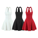 Style Collar Slings Waist Retro Skirt Dress Party Wide Swing Spliced Hanging Neck