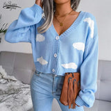 Korean Sweaters Women Cloud Harajuku Fashion V-neck Sweater Short Long Sleeve Crop Top Cardigan Knitted Ropa Mujer