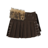 Brown Hair Splicing Wide Waist Design Chicken Eye Strapped Skirt Babes Street Personality 100-Fold Short