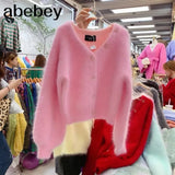Color Mink Cashmere Pink Cardigan New Korean Autumn Winter Thick Soft Single Breasted Knitting Loose Sweater
