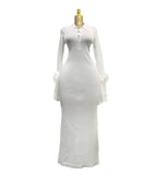 Fashion Temperament Plain Knitted Pit Long Sleeve Feathers Collar Long Dress Female