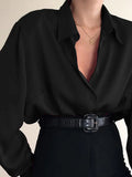 Women Button Blouses Turn Down Collar Shirts Office Lady Long Sleeve Casual Blouse Loose OL Shirt Baggy Tops Red/Wine Red /Black-Outfit