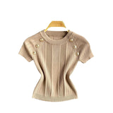 Girls Knit Round Collar T-Shirt Girls Summer Thin Short Thin Design Feeling Fried Street Pure Desire